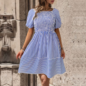 Stile giapponese <span class=keywords><strong>e</strong></span> coreano <span class=keywords><strong>blu</strong></span> <span class=keywords><strong>bianco</strong></span> <span class=keywords><strong>a</strong></span> <span class=keywords><strong>righe</strong></span> con collo quadrato <span class=keywords><strong>a</strong></span> maniche corte primavera/estate elegante abito Midi alla moda - Product Image 5