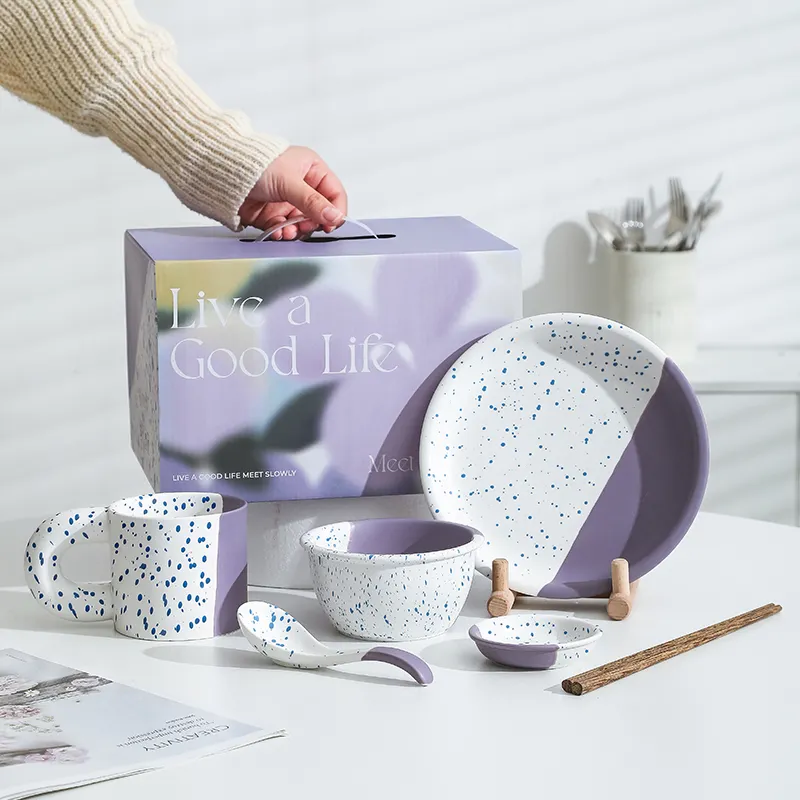 Good Life Series Assorted Color Purple Mix Blue Splash Ink 6 PCS Bowl Plate Mug Ceramic Porcelain Tableware Set
