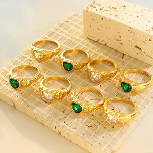 INS Hot Sale Jewelry Women Wedding Ring Wholesale Chinese Jewellery Plated 18K Gold Stainless Steel Heart Emerald Ring For Girl