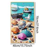 Peinture murale en aquarelle sur papier avec coquillages et bateaux en porcelaine cristalline - 40x70cm - Décoration de salon sur le thème de la plage