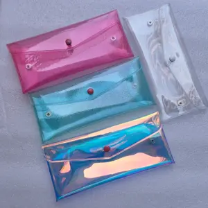 50 pcs custom logo clear bag holographic pvc card bag Waterproof Pencil Pouch Coin Purse with Snap Button