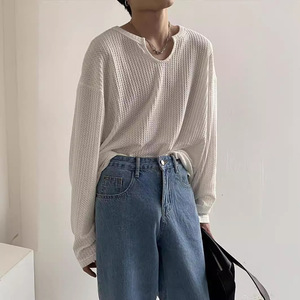 T-shirt à manches longues pour hommes, nouveau modèle <span class=keywords><strong>2022</strong></span>, marque chinoise <span class=keywords><strong>tendance</strong></span>, <span class=keywords><strong>chemise</strong></span> basique blanche ample, couleur unie, design élégant pour hommes - Product Image 2