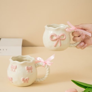Wholesale Ins Style <strong>Handmade</strong> <strong>Ceramic</strong> Cup Couple Gift <strong>Mugs</strong> Pink Bow Coffee Cups Irregular <strong>Mug</strong> with Handle 350ml - Product Image 4