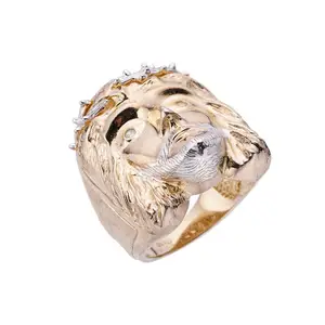 Hiphop 14K Yellow Gold Jewelry Over Solid 925 Sterling Silver Cz Diamonds Jesus Face Ring