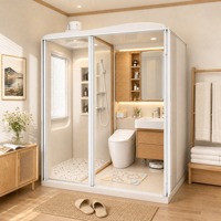 Unit Kamar Mandi Prefab Modern, Kamar Mandi Tertutup dengan Kaca Temper, Rangka Aluminium Alloy, Alas Keramik, Pemisah Area Kering dan Basah