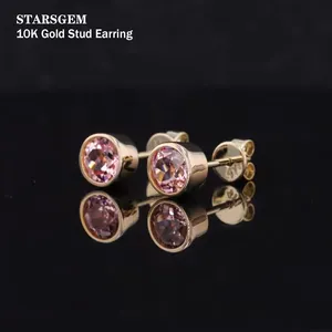 Starsgem Hot Sale Trendy 10k Solid Gold Style Round Padparadscha Lab Colored Gemstone Jewelry Bezel Setting Stud Earrings