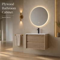 Meuble-lavabo mural en contreplaqué pour salle de bain avec vasque en céramique et miroir rond rétroéclairé par LED pour projets hôteliers et d'appartements