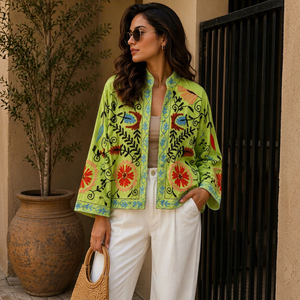 Light Green Cotton Embroidered Jacket Mandarin Collar Full Sleeve Floral Pattern Handmade <b>Spring</b> Wear <b>Women's</b> - Product Image 1
