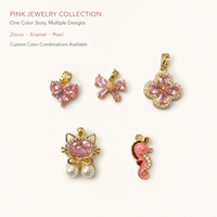 Ciondoli in ottone con logo personalizzato, placcati oro, con cuori rosa CZ e fiocchi a forma di gatto, per la creazione di gioielli fai da te