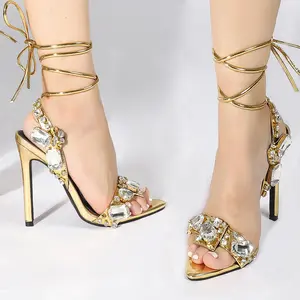 Latest Women's Luxury Shoes Lace Up Stiletto Heels Sexy Rhinestones Sandals Spikly Ladies Shiny Sandals Heeled Sandals For Women