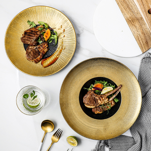 <span class=keywords><strong>Assiette</strong></span> <span class=keywords><strong>Plate</strong></span> de luxe en céramique, pièces, ustensile de cuisine en céramique noire rayée avec bordure en or - Product Image 6