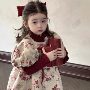 Girls Chinese Style Retro Knitwear Set Thickening Flannel Lining New Year Skirt With Traditional Buttons - Product Image 1