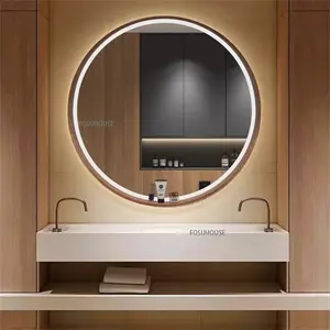 Nordic Smart Bathroom Mirror Solid Wood <b>Round</b> <b>Wall</b> Mounted Mirror With <b>Shelf</b> Defogging Makeup Home Toilet <b>Round</b> Mirrors - Product Image 4