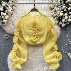 HANOU轻奢华女孩风格灯笼袖衬衫女式纱布立体花朵宽松设计衬衫 - Product Image 5