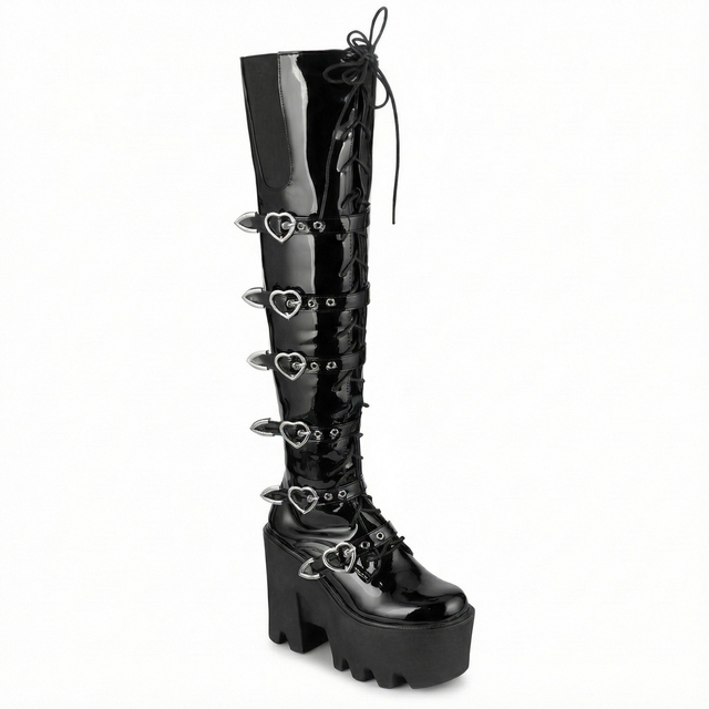 WETKISS Custom Heart Buckle Punk Style Boots Chunky Heel Lace up Long Boots Harajuku Lolita Goth Women Over Knee Platform Boots