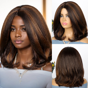 Châu Âu Mỹ sợi tổng hợp của phụ nữ Headgear Yaki phần mở rộng tóc trung tâm chia tay ngắn lượn sóng Thẳng Tóc Bob kiểu tóc - Product Image 1