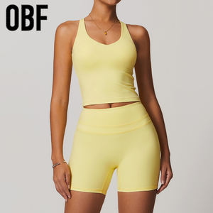 Gilet da Yoga Cross Back da donna <span class=keywords><strong>OBF</strong></span> Top stretto spazzolato con pantaloncini lunghi in tinta unita biancheria intima sportiva per il Fitness all'aperto - Product Image 3