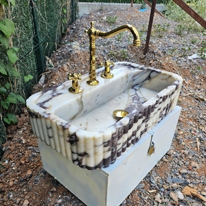 Newstar Design moderne dosseret rainuré avant sculpté à la <span class=keywords><strong>main</strong></span> évier Calacatta alto côtelé 3 côtés marbre comptoir évier lavabo - Product Image 5