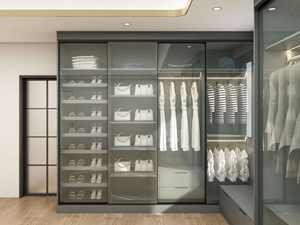 Dressing sur mesure moderne et luxueux |   Armoire de chambre à coucher minimaliste en bois foncé avec porte en verre pour appartement, meubles de maison - Product Image 4