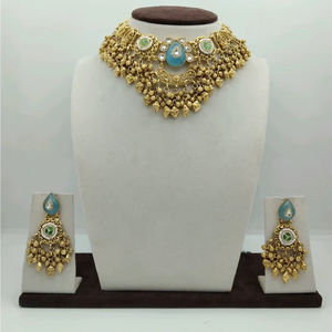 Ensemble de collier choker traditionnel en or avec pierres vertes turquoise et perles pendantes, bijoux de mariage - Product Image 1