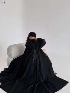 Abaya <span class=keywords><strong>bleu</strong></span> marine ouverte en gros de Dubaï avec manches en dentelle brodée pour femmes musulmanes - Product Image 1