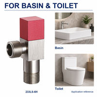 Robinet d'arrêt d'angle en laiton nickel brossé avec cartouche céramique et poignée carrée rouge, filetage mâle G1/2, pour toilettes et lavabos