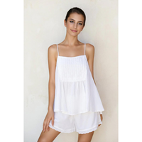 Ensemble de pyjama confortable 100% coton pour femmes été sans manches bretelles à nouer haut et short à volants Style tissé décontracté