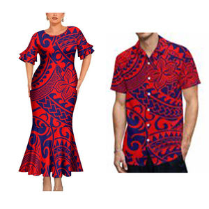 Desain baru kustom Hawaii bunga cetak wanita berlapis Ruffle lengan Fishtail gaun Prom cocok dengan Aloha Pria Kemeja pasangan pakaian 2Pcs - Product Image 1