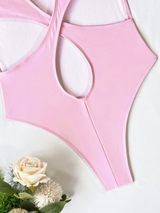 Traje de baño de una pieza con cuello en V profundo rosa para mujer, traje de baño elástico de color sólido con cintura alta - Product Image 6