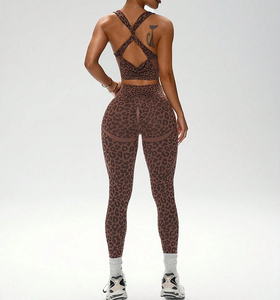 Ensemble <span class=keywords><strong>de</strong></span> sport sans couture pour femme YY, imprimé léopard, 2 pièces : soutien-gorge <span class=keywords><strong>de</strong></span> sport à dos croisé torsadé et leggings taille haute effet push-up, tenue <span class=keywords><strong>de</strong></span> sport d'extérieur - Product Image 6