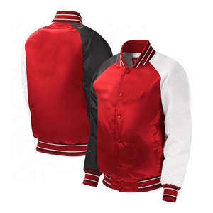 Bombardero universitario rojo, negro y blanco con puños a rayas, ropa de abrigo estilo béisbol, ropa de calle retro clásica, moda atlética con botones - Product Image 3