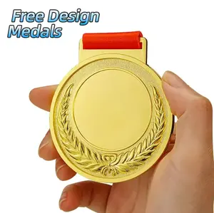 Logo kustom medali logam olahraga dan medali pita olahraga trofi kosong dan medali