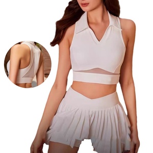 Aoyema donna estate tempo libero Sexy Yoga con collo a Polo canotta manica corta con gonne ad asciugatura rapida Fitness 2 pezzi Set Tennis - Product Image 1