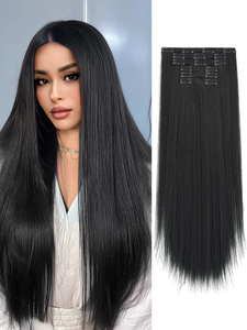 Siyah Uzun İpeksi Düz Sentetik Klipsli Saç Uzatma Seti 6 Parça Sentetik Elyaf Doğal ve Gerçekçi 26 inç - Product Image 2