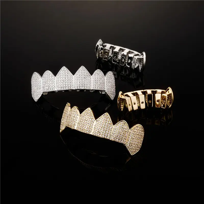 Hip Hop Jóias Grelhas Dentes Set com Micro Zircão Apontou Dentes Set para Halloween Vestir Exagerado Decoração Dentes