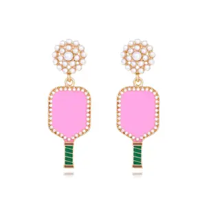 2024 New Style Cute Pink Oil Dropping Pickleball Racquet Earrings Trendy Imitation Pearl Stud Earrings
