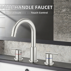 Oferta Destacada: Grifo de Baño Moderno de Acero Inoxidable con Doble Manija, Montaje en Cubierta, 3 Orificios, Válvula de Desagüe Pop-Up, Mezclador de Lavabo de 8'' de Extensión Amplia - Product Image 2