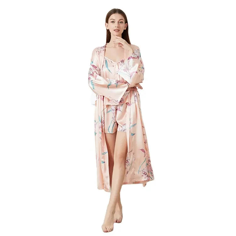 OEM Sexy Lace Sleepwear Print Kimono Robes Pajamas Women's 3-Pcs Floral Satin Nightdress Loose French Home Bridal Robe Set