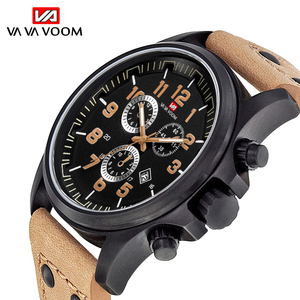 Montre chronographe de course pour homme, boîtier noir, accent doré, bracelet en cuir perforé, montre-bracelet de sport - Product Image 6
