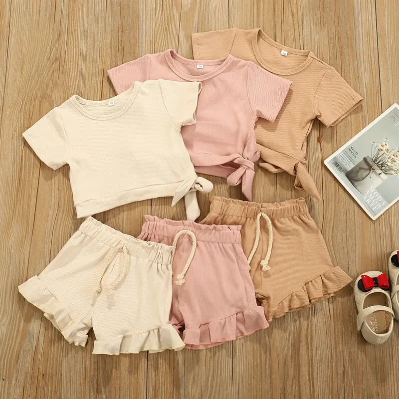 2022 Summer Baby Girl Candy Color Ribbed Tops + Bloomers Outfit Boutique Toddler 2pcs Kids Clothing Set