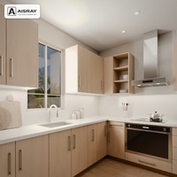 Meuble de cuisine moderne en placage de bois avec portes à battants, aménagement en L, boîtes de rangement en MDF, unités modulaires et rangements extractibles