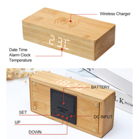 Houten Digitale Led Wekker Met Draadloze Telefoon Oplader Bamboe Tafel Klok Gift Logo Custom Desktop Klok