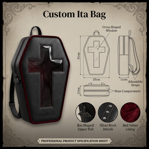 Bolso Ita Gótico Personalizado con Forma de Ataúd, Ventana en Forma de Cruz, Tirador de Cremallera con Diseño de Murciélago, Forro de Terciopelo Rojo, Remaches Plateados, Estético, de PU, para Exhibición de Pins - Product Image 1