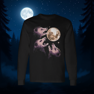 Camiseta de manga larga con estampado de tres opossums aullando al luna, ropa promocional - Product Image 3