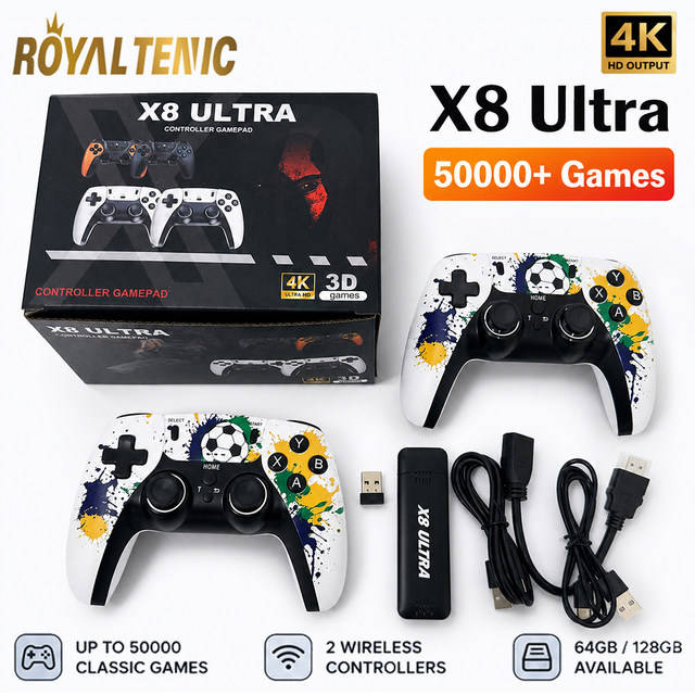 X8 Ultra Game Stick 4K with 2.4G Rechargeable Wireless Controller Plug and Play 50000 Retro Video Game Console Consola De Juegos