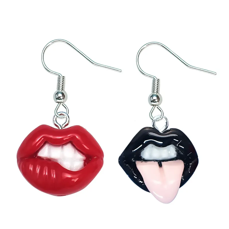 Hip Hop Black Red Witch Lip Earrings Creative Funny Asymmetric Resin Earrings For Women Girls