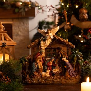 Statuine del Presepe di Natale Valery Madelyn con Luci LED, Set Sacra Famiglia in Resina Rossa e Oro per Interni, Casa, Tavolo/Camino - Product Image 6