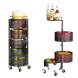 Chariot de rangement de cuisine mobile en acier au carbone personnalisé en usine, avec panier rond et roues métalliques, pour fruits, collations et légumes - Product Image 1