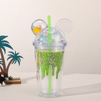 Gobelet isotherme 450 ml à double paroi, sans BPA, anti-fuite, avec paille, imprimé dessin animé quatre couleurs effet gouttelettes, couvercle dôme oreilles Mickey unique, style dessin animé