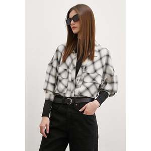 Chemise à carreaux pour femme en popeline crème, boutonnée, asymétrique, pour tous les jours - Product Image 1